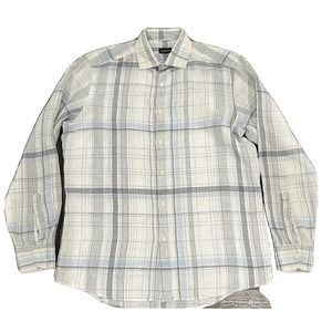 ERMENEGILDO ZEGNA Large Blue Whit 100% Linen Long Sleeve Button Down Men's Shirt